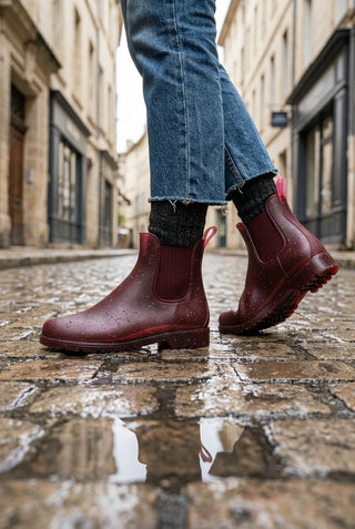 Craquez pour les bottines de pluie Jumpnat rouge en chanvre Méduse x Plasticana chez CQFD Avignon. Imperméables, recyclables et 100% Made in France !
