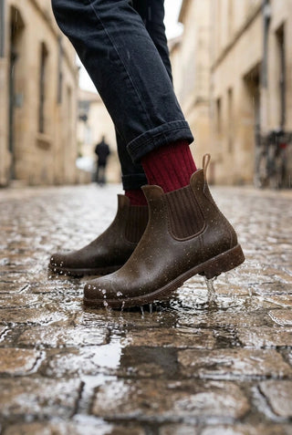 Adoptez les bottines de pluie Jumpnat chanvre foncé Méduse x Plasticana chez CQFD Avignon. Imperméables, recyclables et 100% Made in France !