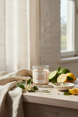 La bougie parfumée Fleur d'Oranger de La Belle Mèche. Cire 100% végétale de soja et parfum de Grasse. Un doux sillage d'enfance à chiner chez CQFD Avignon !