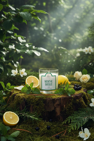 La bougie Menthe Basilic de La Belle Mèche. Un sillage aromatique et frais, cire de soja 100% naturelle et parfum de Grasse. Un favori chez CQFD Avignon !