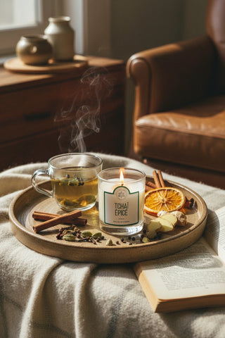 La bougie Tchaï de La Belle Mèche. Un sillage réconfortant de thé vert, d'épices chaudes et de bois fumés. Cire de soja naturelle dispo chez CQFD Avignon !