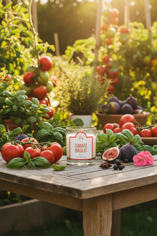 La bougie Tomate Basilic de La Belle Mèche. Un sillage aromatique de potager, cire de soja 100% naturelle et parfum de Grasse. À chiner chez CQFD Avignon !