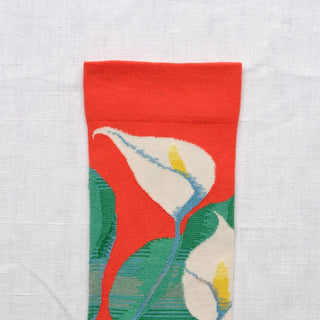 Découvrez les chaussettes Arômes Vermillon Bonne Maison chez CQFD Avignon. Un design floral vibrant rouge et vert en coton égyptien premium fabriqué en Europe.