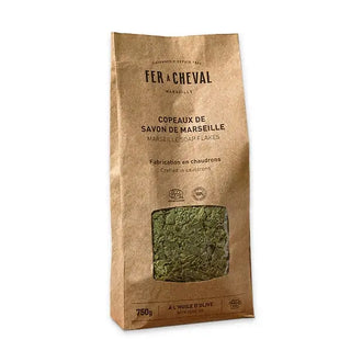Copeaux de savon de Marseille 750g 100% olive Fer à Cheval chez CQFD Avignon. Idéal lessive maison écologique et hypoallergénique. Made in Marseille.
