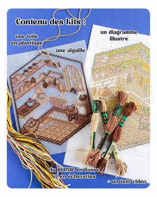 Brodez votre bibliothèque idéale avec le kit canevas Cosy Library de Kaie chez CQFD Avignon. Toile plastique & fils DMC. Kit DIY créatif Made in France !