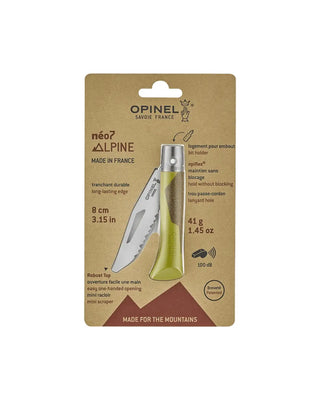 Le couteau néo7 Alpine Tilleul d'Opinel. Un concentré de technologie outdoor : mécanisme OPIFLEX®, manche liège, ultra-léger (41g). Dispo chez CQFD Avignon !