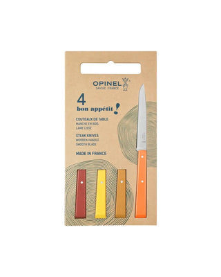 Le coffret Opinel Bon Appétit Agrumes : 4 couteaux de table vitaminés fabriqués en France. Lame en acier inox et manche en bois de charme. Tranchant parfait !