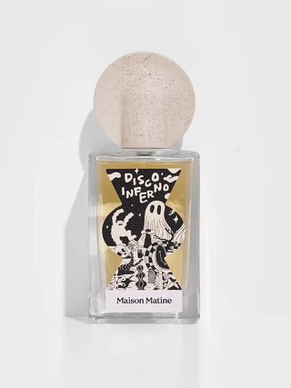 Eau de parfum Disco Inferno 100ml Maison Matine chez CQFD. Parfum ambré, fruité & bois de oud. Alcool bio & Made in France. Flacon graphique 100ml.