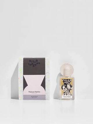 Eau de parfum Disco Inferno 100ml Maison Matine chez CQFD. Parfum ambré, fruité & bois de oud. Alcool bio & Made in France. Flacon graphique 100ml.
