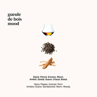 Découvrez Gueule de Bois de Versatile chez CQFD Avignon. Un extrait de parfum ambré et boisé au rhum et santal. Formule clean à l'alcool bio, fabriqué en France.