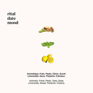 Découvrez Rital Date de Versatile chez CQFD Avignon. Un parfum aromatique et crémeux aux notes de pesto, citron et pistache. Alcool bio, végan et fabriqué en France.