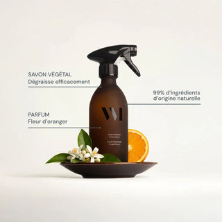 Nettoyez tout avec le Multi-Surface Fleur d'Oranger à 99% naturel. Certifié Ecocert, efficace et sans rinçage. Flacon verre renforcé® disponible chez CQFD Avignon.