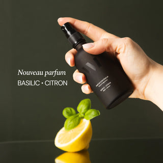 Découvrez le parfum d'intérieur Basilic Citron à 93% naturel. Neutralise les odeurs instantanément. Flacon verre rechargeable. Fabriqué en France chez CQFD Avignon.