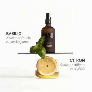 Découvrez le parfum d'intérieur Basilic Citron à 93% naturel. Neutralise les odeurs instantanément. Flacon verre rechargeable. Fabriqué en France chez CQFD Avignon.