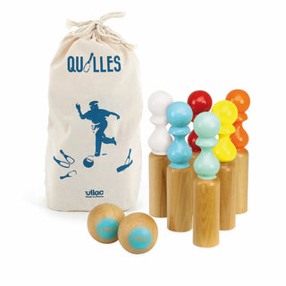 Découvrez le jeu de quilles rétro en bois massif Vilac chez CQFD Avignon. Set traditionnel laqué, fabriqué en France dans le Jura. Sac en coton inclus. Dès 5 ans.