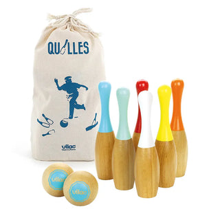 Découvrez le bowling bicolore en bois Vilac chez CQFD Avignon. Set de 6 quilles laquées (24cm) fabriqué en France dans le Jura. Style rétro, dès 5 ans.