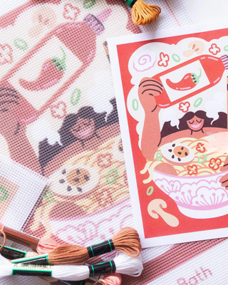 Découvrez le kit canevas Ramen Bath par Mylène Dagnet. Un projet DIY pop et moderne de 20x30cm. Toile imprimée en France, aiguille Bohin incluse. Chez CQFD Avignon.