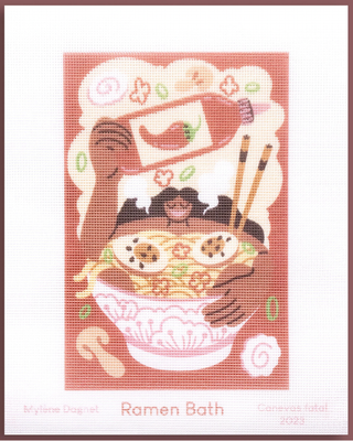 Découvrez le kit canevas Ramen Bath par Mylène Dagnet. Un projet DIY pop et moderne de 20x30cm. Toile imprimée en France, aiguille Bohin incluse. Chez CQFD Avignon.