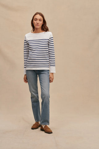 Découvrez l'authentique marinière Le Minor pour femme. 100% coton, fabriquée en Bretagne. Qualité durable et style marin intemporel. Disponible chez CQFD.