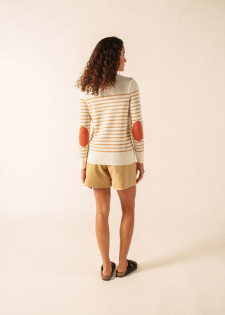 Découvrez le pull Brégançon Pop de SAINT JAMES chez CQFD Avignon. Un pull marin 100% laine fabriqué en France avec coudières contrastées et bouton fantaisie.