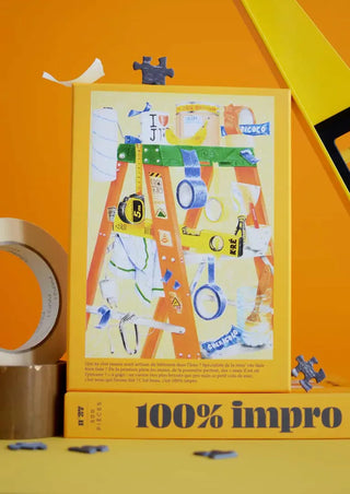 Puzzle 500 pièces 100% Impro par Jour Férié. Une illustration drôle et colorée dédiée aux bricoleurs du dimanche, éco-conçue et fabriquée en France. Chez CQFD !