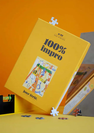 Puzzle 500 pièces 100% Impro par Jour Férié. Une illustration drôle et colorée dédiée aux bricoleurs du dimanche, éco-conçue et fabriquée en France. Chez CQFD !