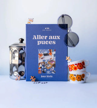 Puzzle 500 pièces Aller Aux Puces par Jour Férié. Une illustration nostalgique et brocante, éco-conçue et fabriquée en France. À shopper chez CQFD Avignon !