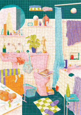 Puzzle 500 pièces La Petite Soirée Mousse par Jour Férié. Une illustration cocooning éco-conçue et fabriquée en France. Idéal à encadrer dans la salle de bain !