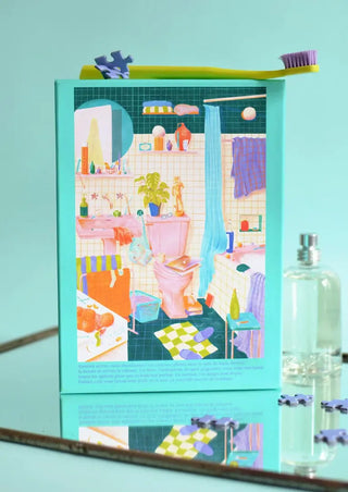 Puzzle 500 pièces La Petite Soirée Mousse par Jour Férié. Une illustration cocooning éco-conçue et fabriquée en France. Idéal à encadrer dans la salle de bain !