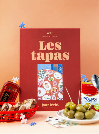 Puzzle 1000 pièces Les Tapas par Jour Férié. Une illustration conviviale et gourmande, éco-conçue et fabriquée en France. À shopper chez CQFD Avignon !