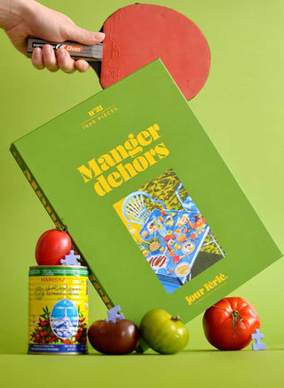 Puzzle 1000 pièces Manger Dehors par Jour Férié. Une illustration conviviale et estivale éco-conçue en carton recyclé. Fabriqué en France chez CQFD Avignon !