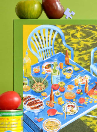 Puzzle 1000 pièces Manger Dehors par Jour Férié. Une illustration conviviale et estivale éco-conçue en carton recyclé. Fabriqué en France chez CQFD Avignon !