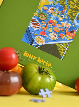 Puzzle 1000 pièces Manger Dehors par Jour Férié. Une illustration conviviale et estivale éco-conçue en carton recyclé. Fabriqué en France chez CQFD Avignon !
