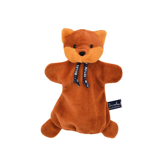 Découvrez la marionnette renard roux Dorlotin. Peluche d'éveil faite main en Bretagne. Matière Maïloudou ultra-douce, design malicieux et fabrication 100% française.