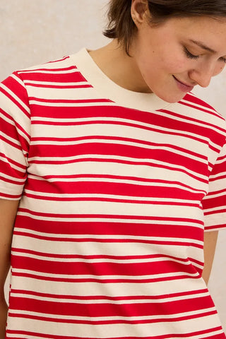 Découvrez la robe Plein Été écru et rouge de Le Minor chez CQFD Avignon. Une marinière fluide 100% coton léger, fabriquée de façon artisanale en Bretagne.