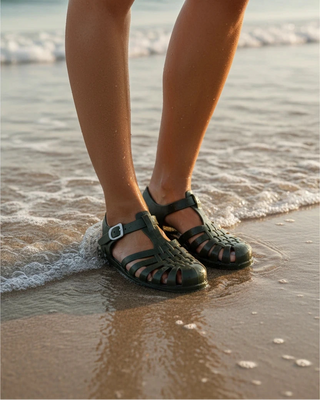 Découvrez la sandale Méduse® kaki foncé finition mat. Un classique de 1946, 100% recyclable et fabriqué en France. Style "outdoor" et durable chez CQFD Avignon.