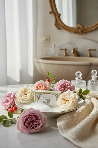 Savon végétal Rose du Roy Oriza L. Legrand (125g). Une formule extra-fine à la rose musquée fabriquée à Marseille. Pour le corps et le visage chez CQFD !