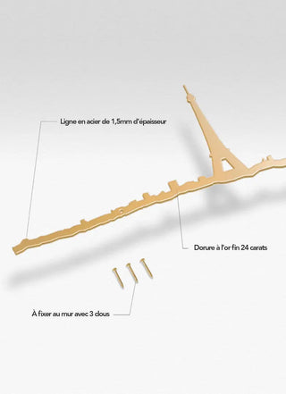 L'horizon de Paris en silhouette acier minimaliste dorée à l'or fin 24 carats par The Line. La Tour Eiffel et le Sacré-Cœur chez vous. Fabriqué en France.