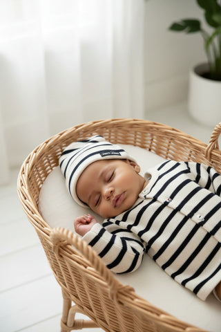 Offrez l'ensemble tricot naissance SAINT JAMES chez CQFD Avignon. Le cadeau de naissance chic et durable, marinière en laine mélangée, fabriqués en France. 
