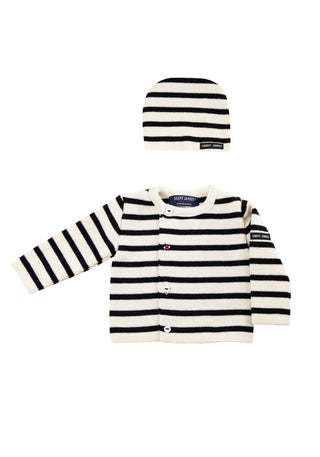 Offrez l'ensemble tricot naissance SAINT JAMES chez CQFD Avignon. Le cadeau de naissance chic et durable, marinière en laine mélangée, fabriqués en France. 