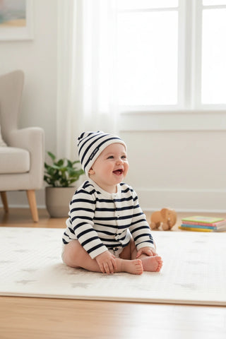 Offrez l'ensemble tricot naissance SAINT JAMES chez CQFD Avignon. Le cadeau de naissance chic et durable, marinière en laine mélangée, fabriqués en France. 