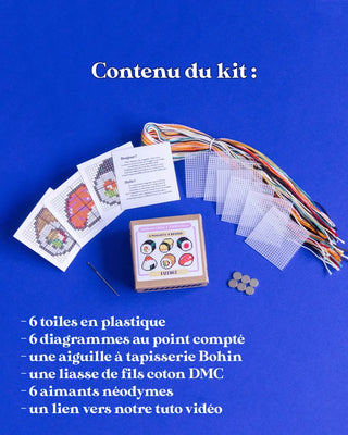 Créez 6 magnets brodés avec le kit. Inclus : fils DMC, toile plastique et aimants. Un loisir créatif fun et moderne disponible chez CQFD Avignon.