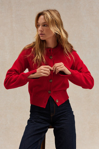 Cardigan rouge 100% laine mérinos Le Minor