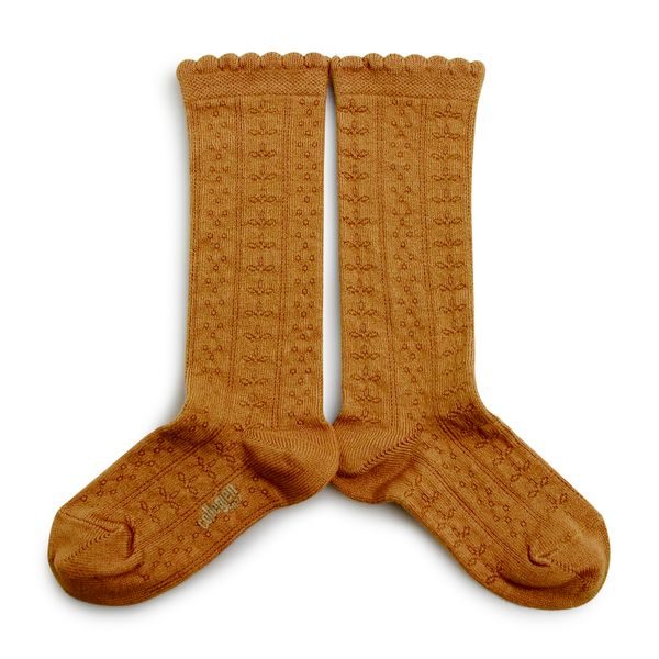 Chaussettes hautes en coton bio et maille ajourée – Moutarde de Dijon